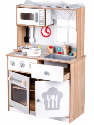 Velká dřevěná kuchyňka s příslušenstvím, Eco Toys 60 x 92 cm x 30 cm - bílá/přírodní